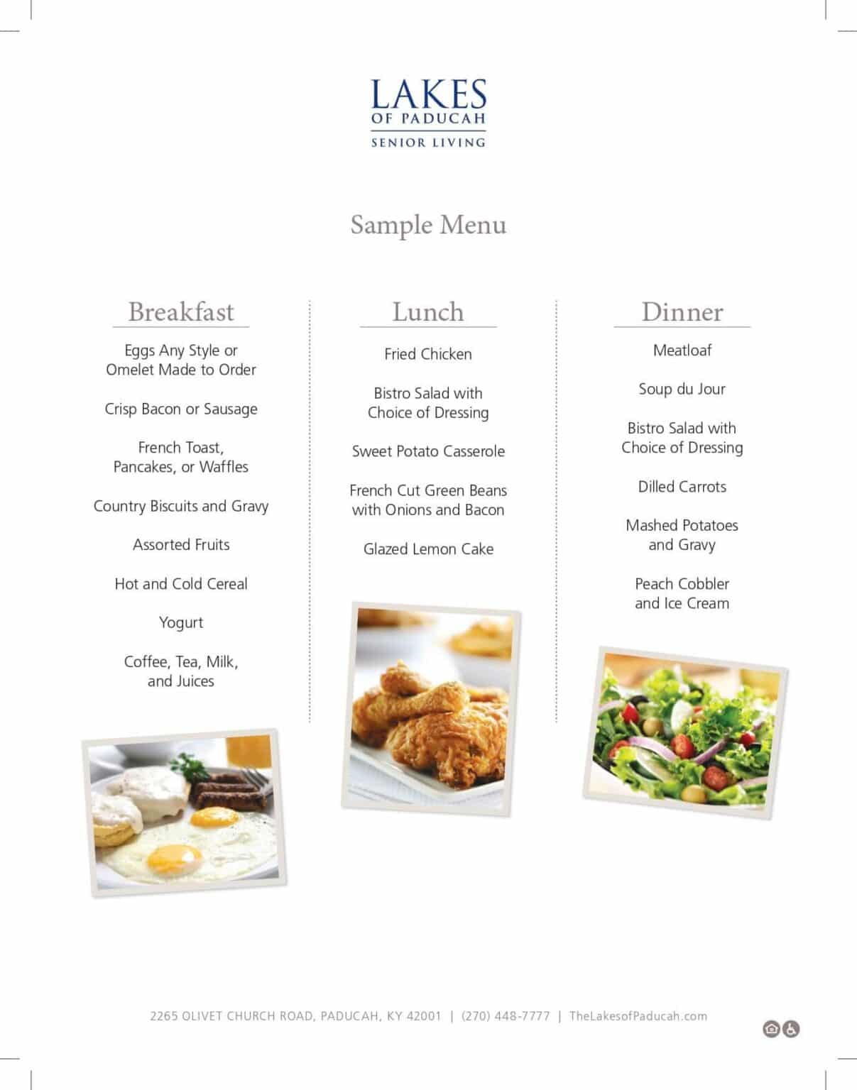 The Lakes of Paducah sample menu